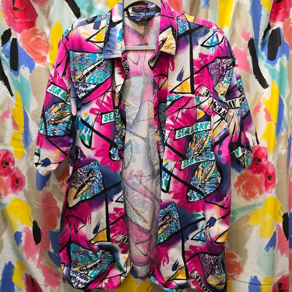 VTG Daniel Hechter 100% cotton colorful Hawaiian surf sail button-down‎ shirt XL